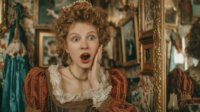 A young Caucasian woman dressed in a Renaissance costume glances at the mirror with a startled face. Beauty's emotional response to fashion and historical concepts