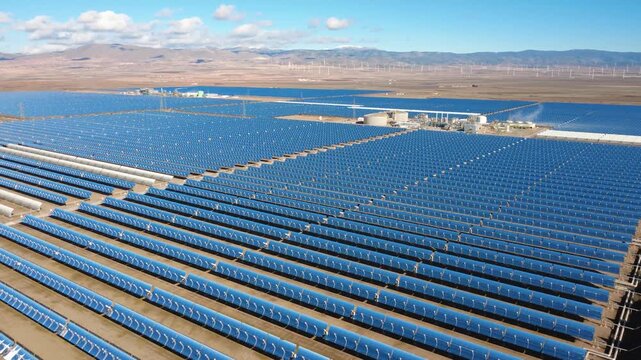 Aerial view of concentrated solar power plant generating renewable energy