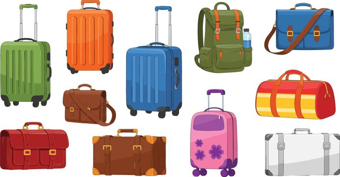 Set of travel luggage bags and suitcases vector illustration, colorful baggage collection for vacation and tourism design