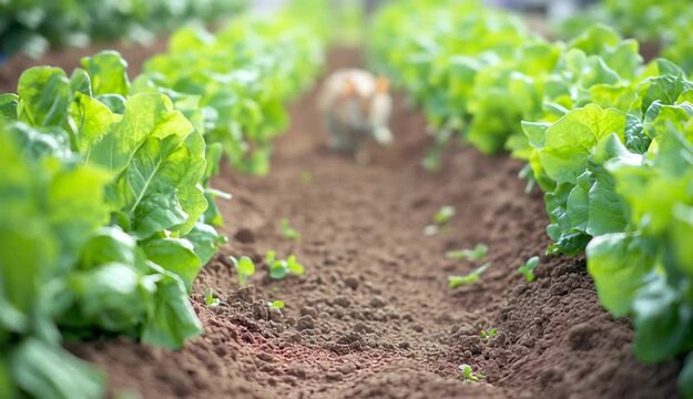 A brown rabbit sitting in the middle of a vegetable garden path, surrounded by rows of fresh green lettuce plants
