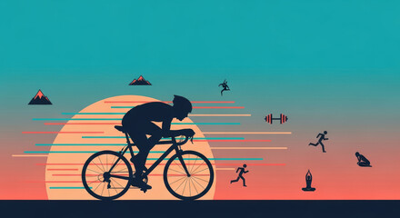 Fototapeta premium Cyclist Silhouette with Mountain Landscape and Fitness Icons