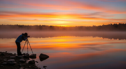 Fototapeta premium Photographer capturing sunrise over misty lake with tripod