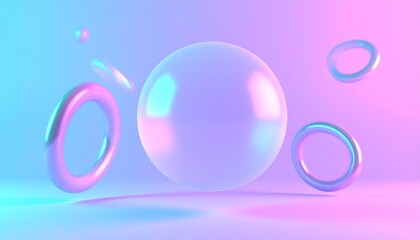 A high-quality 3D render of a futuristic floating frosted glass sphere with iridescent rings on a pastel neon background. Minimalist abstract tech-organic aesthetic.