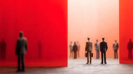 Fototapeta premium A minimalist, conceptual photograph using miniature figurines and vibrant colored glass to explore themes of opportunity, barriers, and organizational navigation.