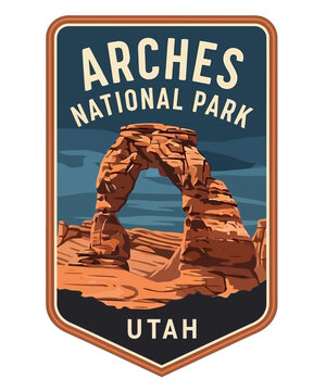 Arches National Park Utah badge with Delicate Arch and desert landscape in stylized graphic art. Vintage vector emblem badge patch, retro design, transparent background