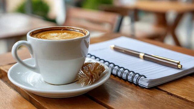 Coffee Break: A cozy coffee setup with a fresh cup, a notebook, and a pen on a warm, inviting wooden table. Perfect for creative ideas or simple relaxation. 