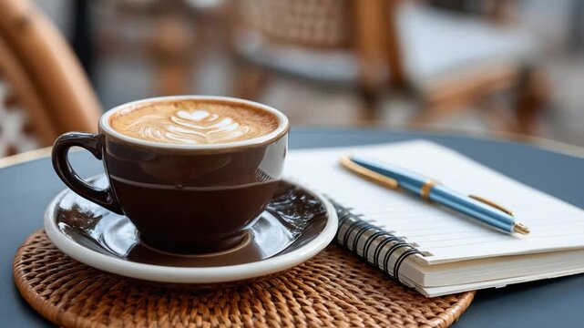 A Cozy Coffee Moment: A richly brewed cup of coffee with delicate latte art sits beside an open notebook and a pen on a table, creating a sense of calm and productivity.