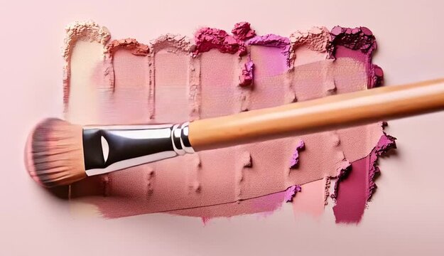 Seven horizontal stripes of makeup swatches arranged in a row on a soft pink beige background, color palette ranging from pale beige to deep magenta pink, lipstick or eyeshadow texture samples