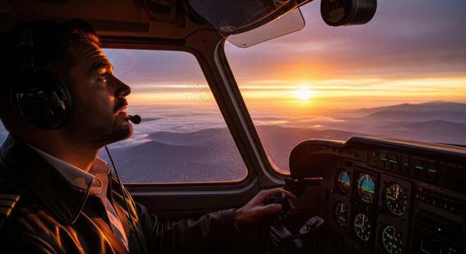 Pilot observing sunset from aircraft cockpit
