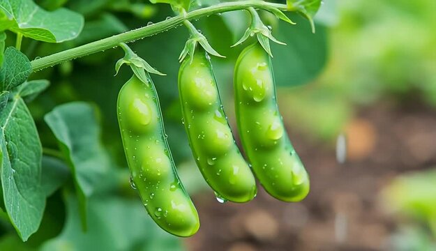 A cluster of fresh green pea pods hanging on the vine with water droplets, five plump pea pods in a row attached to the stem, vibrant green leaves with visible texture and water drops
