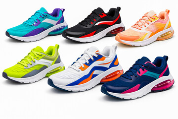 Six pairs of colorful athletic running shoes with air cushions on white background