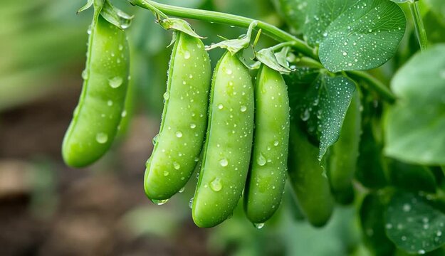 A cluster of fresh green pea pods hanging on the vine with water droplets, five plump pea pods in a row attached to the stem, vibrant green leaves with visible texture and water drops
