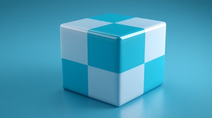 Obraz premium A matte white cube sits on a polished wooden surface against a blurred architectural background.
