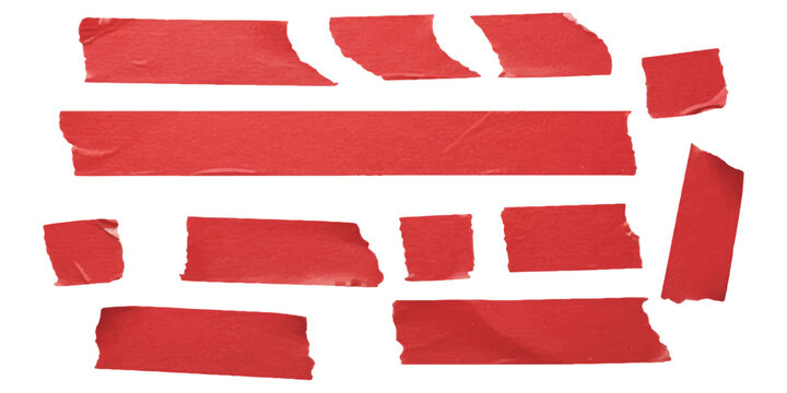 Collection of torn red masking tape strips and pieces on a white background, versatile graphic design elements