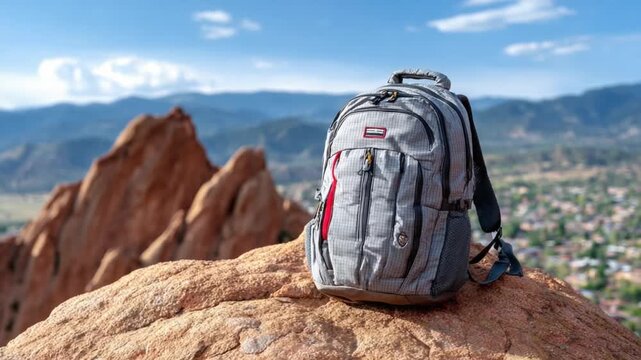 Adventure Backpack: Capturing the essence of travel and exploration, an adventure backpack rests on a scenic mountaintop, inviting viewers to embark on their own journey.