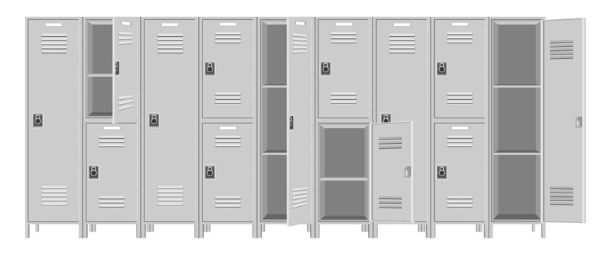 long and half metal lockers open and close, vector illustration isolated on white background.