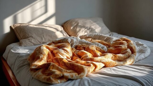 Sunlit Bed: Capturing the simple elegance of a sun-drenched bedroom, a casually rumpled blanket rests upon the unmade bed, bathed in the soft glow of natural light.