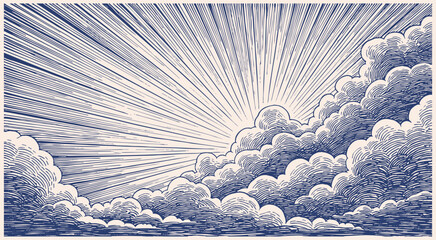 Obraz premium Dramatic sunrise breaking through clouds over rolling hills in vintage woodcut engraving illustration