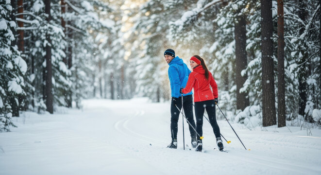 Couple skiing together in a snowy forest