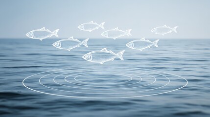 A sketched white fish icons hovering over a realistic blue ocean.