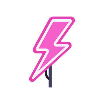 Neon lightning bolt sign with cord, colorful vector flat style illustration