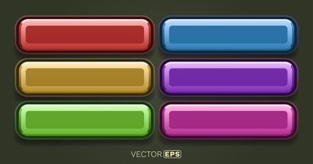 A set of colorful, glossy, rounded rectangular buttons for modern web and app interfaces.