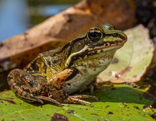 Obraz premium A close-up view of a green and brown amphibian perched on a lily pad. Details highlight eye & skin texture