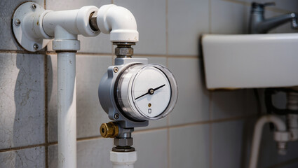 Fototapeta premium Close-up of water meter installed on white pipes near ceramic sink, showing household plumbing, water consumption control, utility infrastructure, and domestic engineering systems