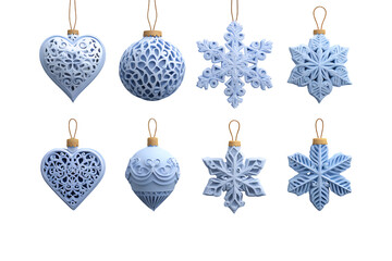 Collection of eight elegant blue and white Christmas ornaments featuring intricate heart ball and snowflake designs.