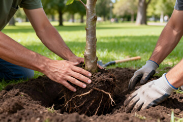 Two People Planting a Tree in a Park