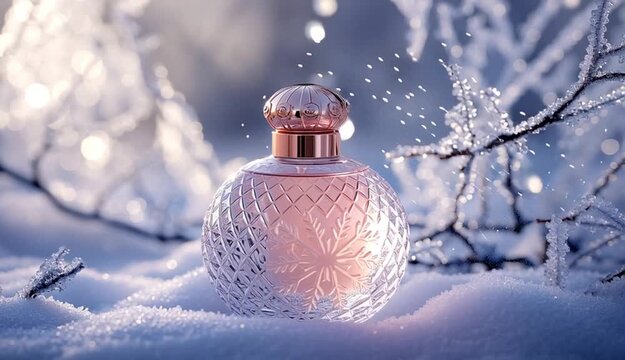 Elegant round perfume bottle with rose gold metallic cap sitting on snow, clear glass with pink-tinted liquid inside, snowflake pattern etched on the bottle, surrounded by frosted tree branches with