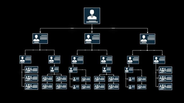 Organizational Chart Template with Silhouette People and Arrows on Dark Background for Business and Corporate Use