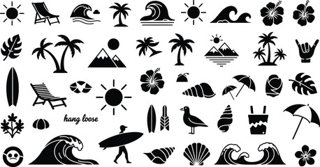Obraz premium Assorted Summer Beach and Tropical Vacation Icons Keywords: summer, beach, vacation, tropical