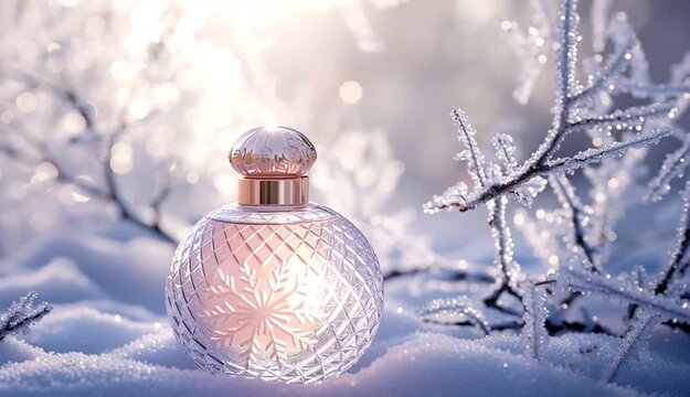 Elegant round perfume bottle with rose gold metallic cap sitting on snow, clear glass with pink-tinted liquid inside, snowflake pattern etched on the bottle, surrounded by frosted tree branches with