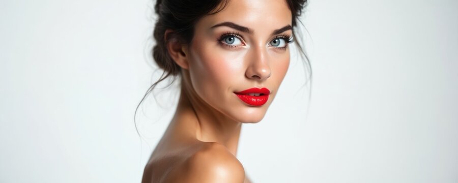 Young woman with bright red lipstick and bare shoulders looks at camera against white background. Makeup beauty portrait, clean skin, elegant hairstyle. Fashion model posing.
