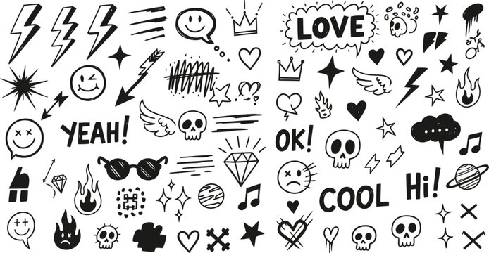 Assortment of black and white hand-drawn doodle elements with lightning and hearts drawing