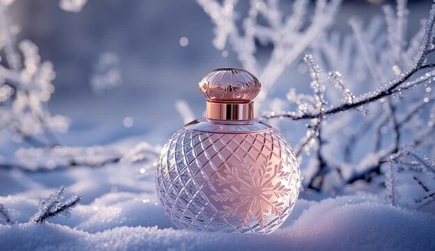 Elegant round perfume bottle with rose gold metallic cap sitting on snow, clear glass with pink-tinted liquid inside, snowflake pattern etched on the bottle, surrounded by frosted tree branches with