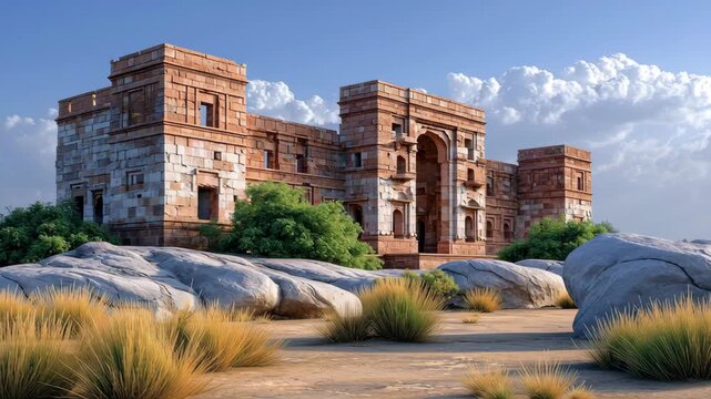 Ancient stone fortification with intricate architecture and lush vegetation, surrounded by rocky terrain and golden grass under a clear blue sky, showcasing historical significance and natural beauty