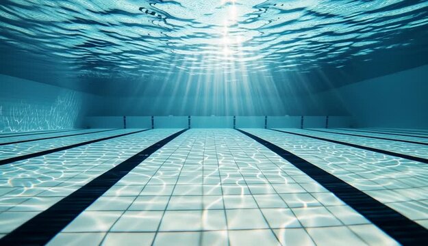 Underwater view of an Olympic swimming pool with black lane divider lines on white tiled floor, shot from below the water surface looking up