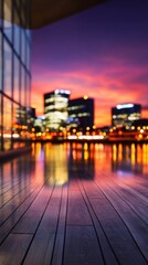 Fototapeta premium Sunset city skyline over calm water reflective glass surfaces, wooden promenade leading towards glowing lights