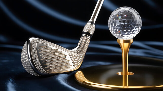 A luxurious golf club and crystal ball on a gold stand against a dark blue background