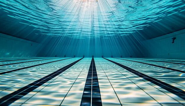 Underwater view of an Olympic swimming pool with black lane divider lines on white tiled floor, shot from below the water surface looking up