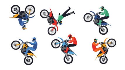 Obraz premium Colorful 3D motocross dirt bikes flying mid-air stunt action isolated white background