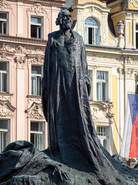 PRAGUE,  CZECH REPUBLIC - JULY 18, 2019:   Close up of Jan Hus, part of the memorial Statue in the Old Town Square