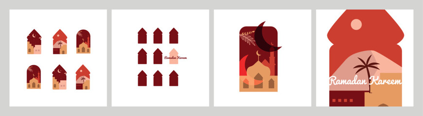 Ramadan Kareem banner set. Islamic celebration greeting card pack for web design. Vector illustration
