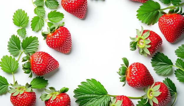 Fresh red strawberries with green leaves arranged as decorative frame border on white background, empty center space for text
