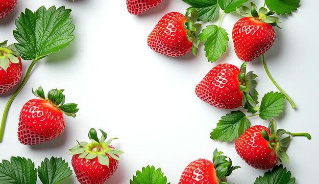 Fresh red strawberries with green leaves arranged as decorative frame border on white background, empty center space for text
