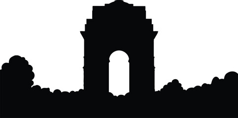 India Gate New Delhi famous war memorial monument silhouette landmark of India republic day parade rajpath historic architecture tourist attraction destination city.