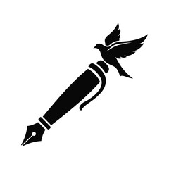 Obraz premium Fountain pen releasing flying blackbird vector illustration, freedom and creativity flat design, minimalist office art, scalable graphic