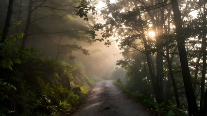 Fototapeta premium Golden sunbeam through morning mist across forest road between tree silhouette creating serene peaceful landscape atmosphere within nature wood path under soft hazy light ray glow